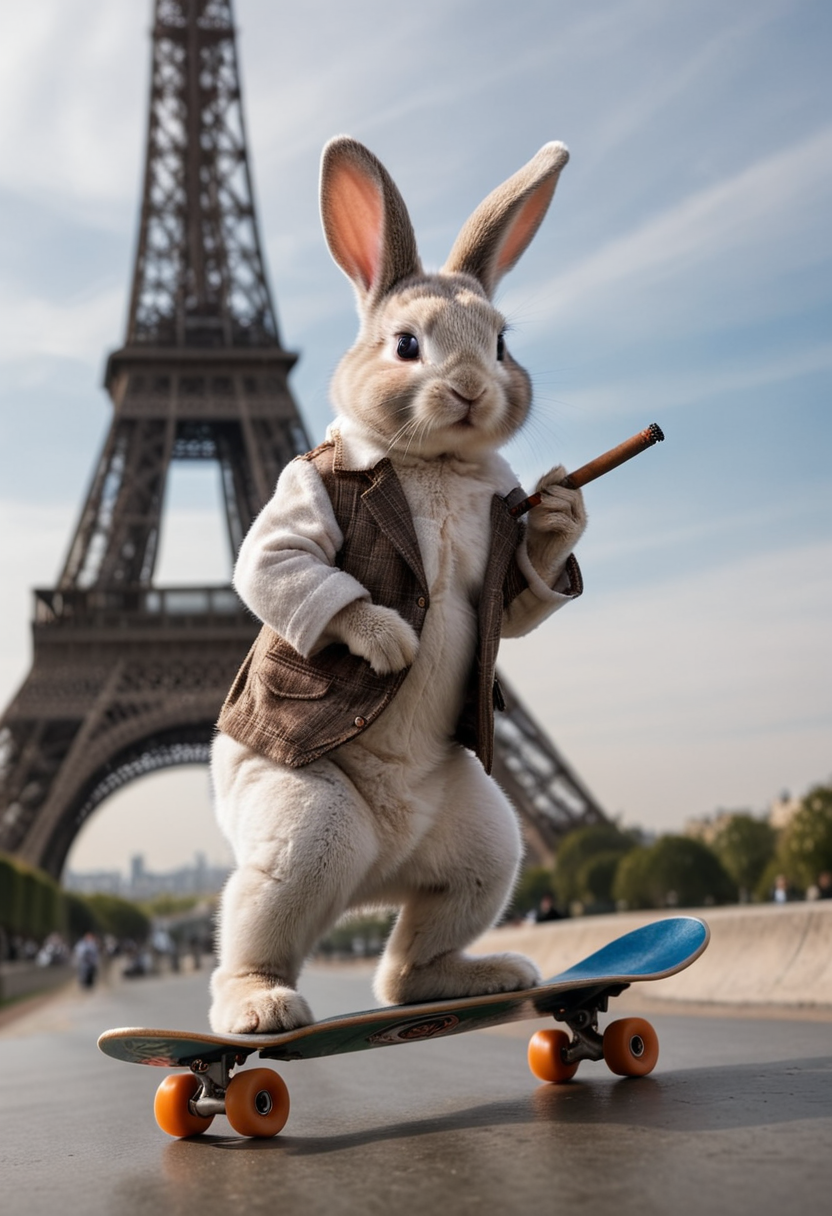 02404-3686614510-Photo of a white baby bunny smoking a cigar, on a skateboard in front of Eiffel Tower. _lora_RMSDXL_Enhance_3.75_,_lora_RMSDXL_D.png